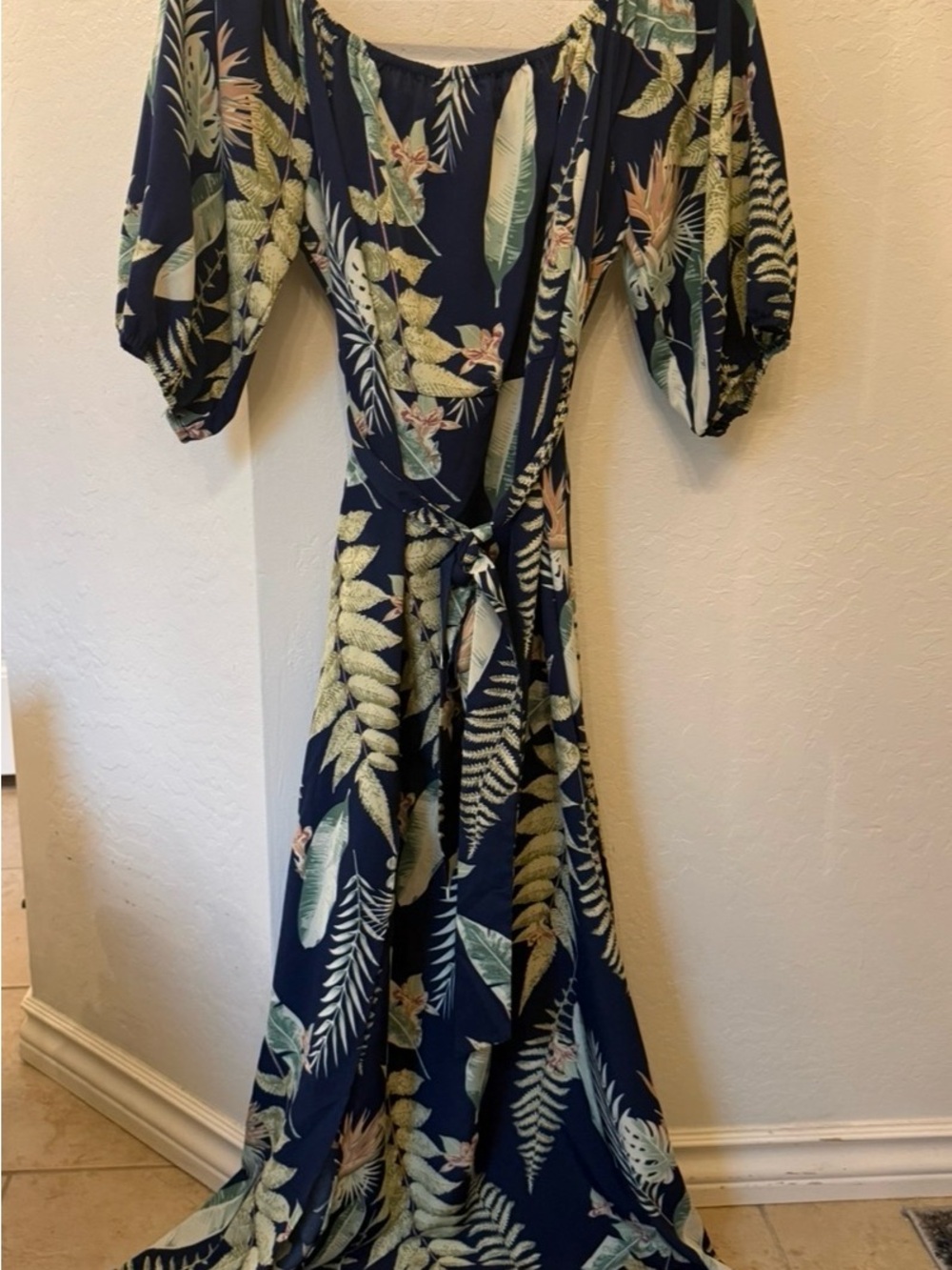 Navy Tropical Leaf 3/4 Sleeve Maxi Dress with Tie Waist